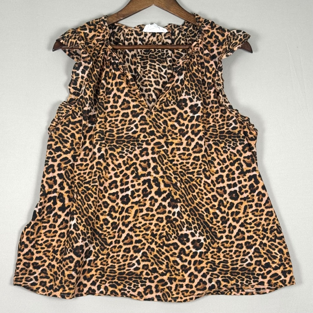 Dear John Leopard Print Blouse Women XL Brown Sleeveless Cotton Ruffle Excellent